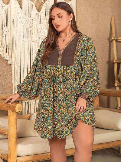 Plus Size V-Neck Balloon Sleeve Printed Mini Dress - Trendsi - Flyclothing LLC