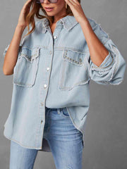 Button Down Raw Hem Denim Jacket - Trendsi