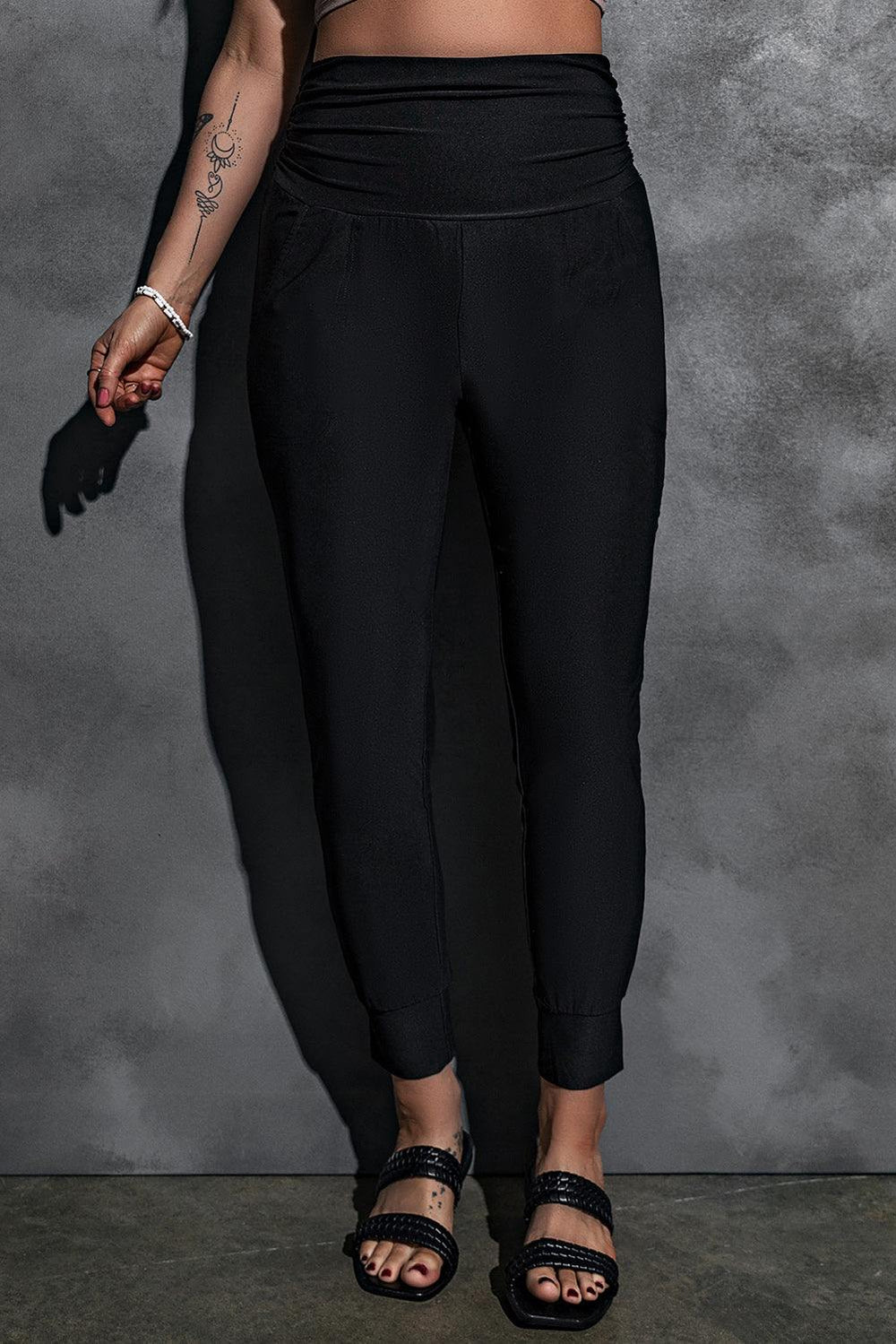 High-Rise Wide Waistband Joggers - Trendsi
