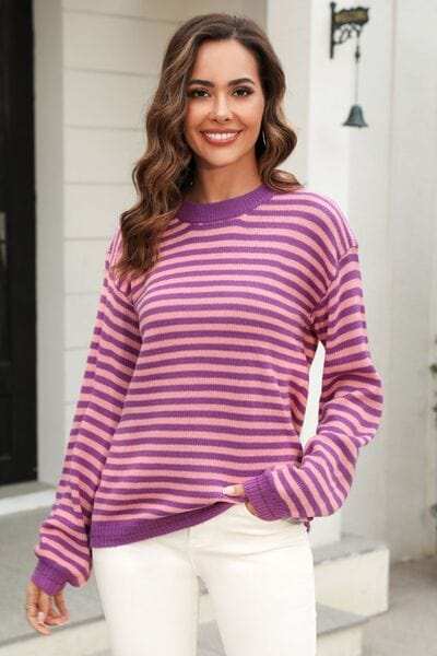 Striped Round Neck Dropped Shoulder Sweater - Trendsi - Flyclothing LLC