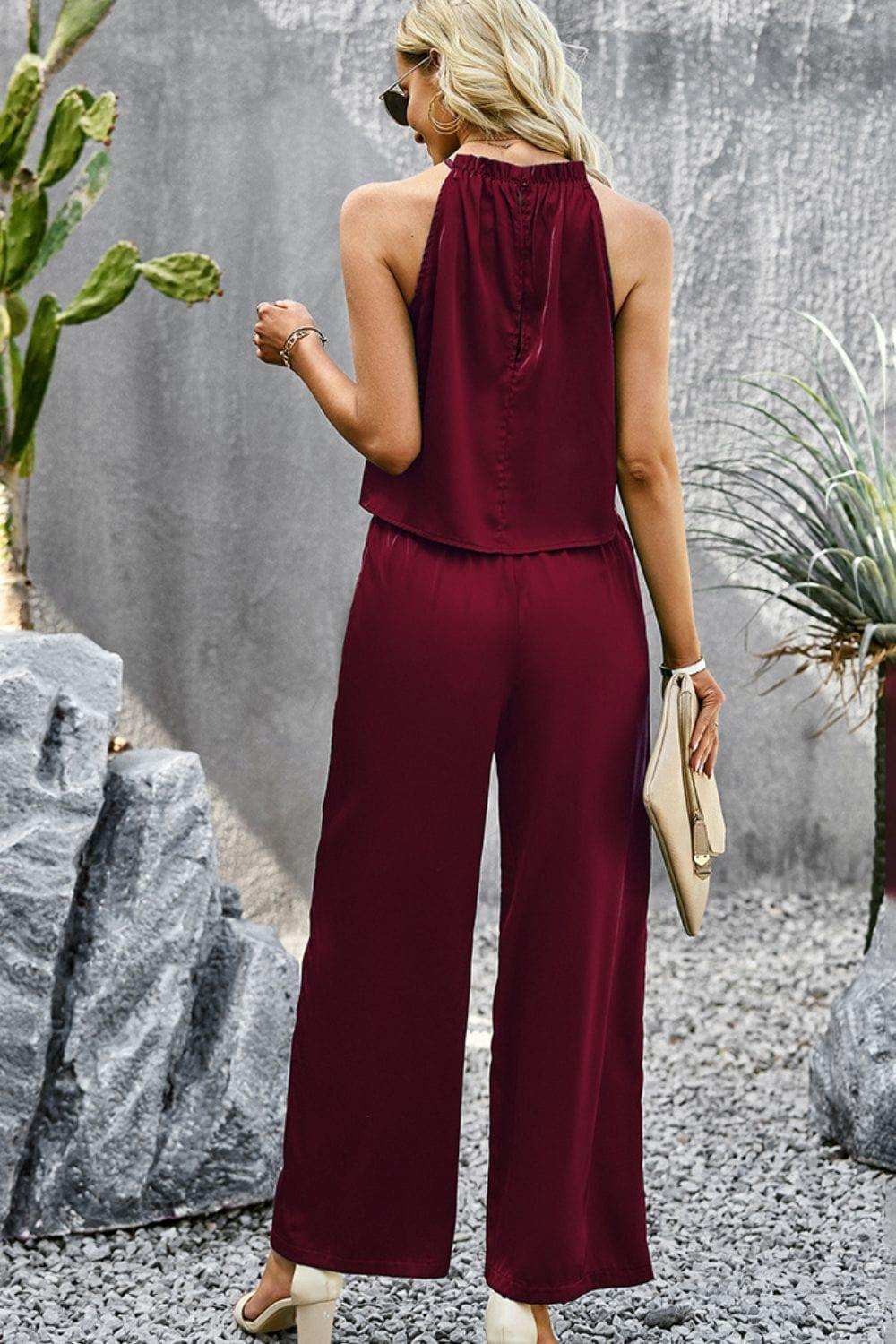 Grecian Neck Sleeveless Pocketed Top and Pants Set - Trendsi - Flyclothing LLC