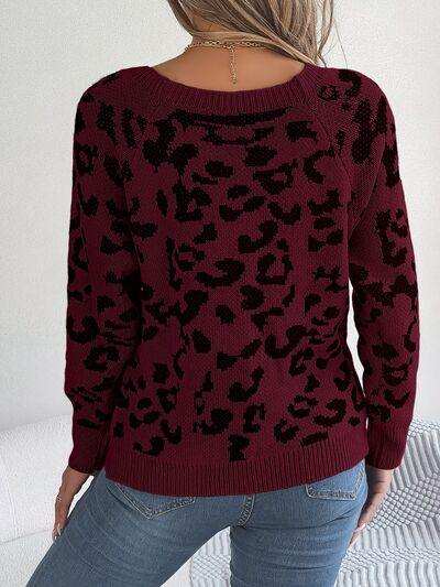 Leopard Buttoned Square Neck Sweater - Trendsi - Flyclothing LLC