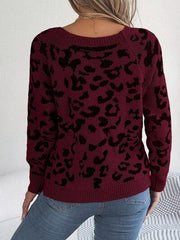 Leopard Buttoned Square Neck Sweater - Trendsi