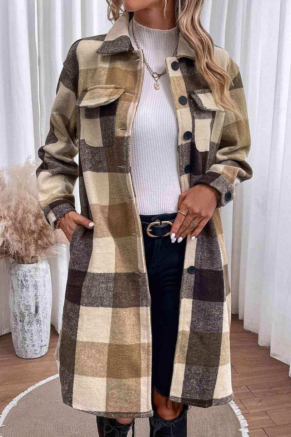 Plaid Button Down Longline Coat - Trendsi - Flyclothing LLC