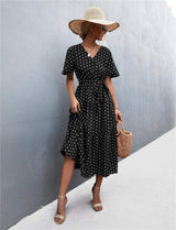 Printed V-Neck Flutter Sleeve Belted Dress - Trendsi - Flyclothing LLC