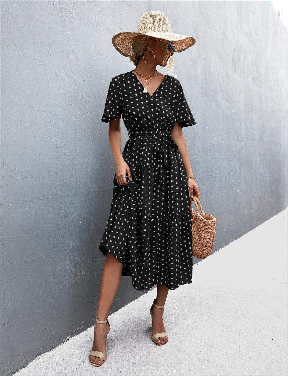 Printed V-Neck Flutter Sleeve Belted Dress - Trendsi - Flyclothing LLC