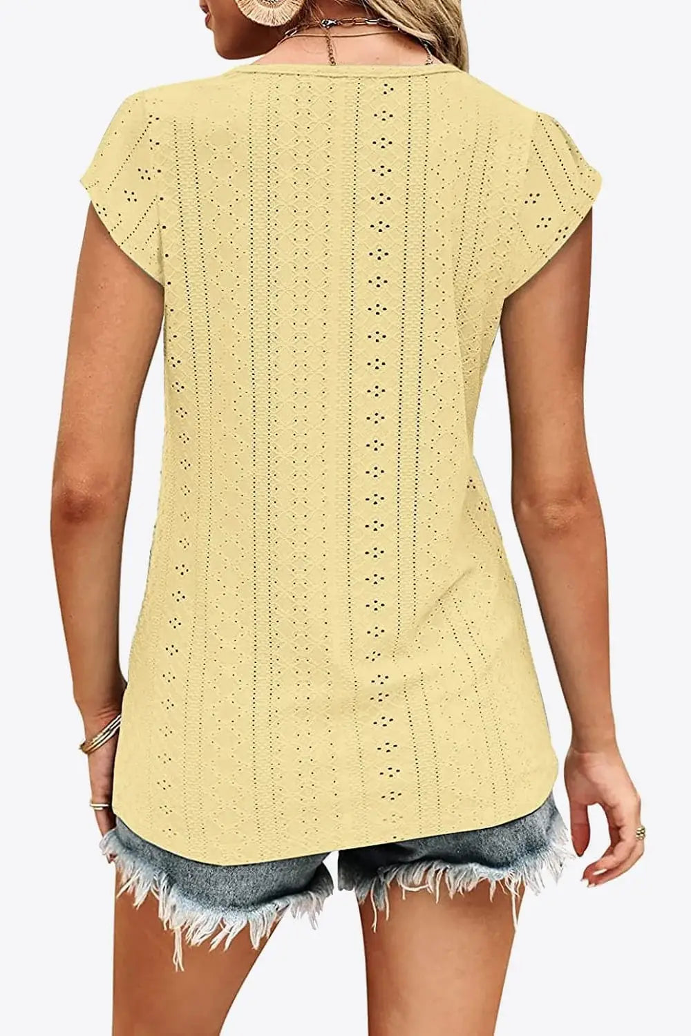 Eyelet Contrast V-Neck Tee - Trendsi - Flyclothing LLC