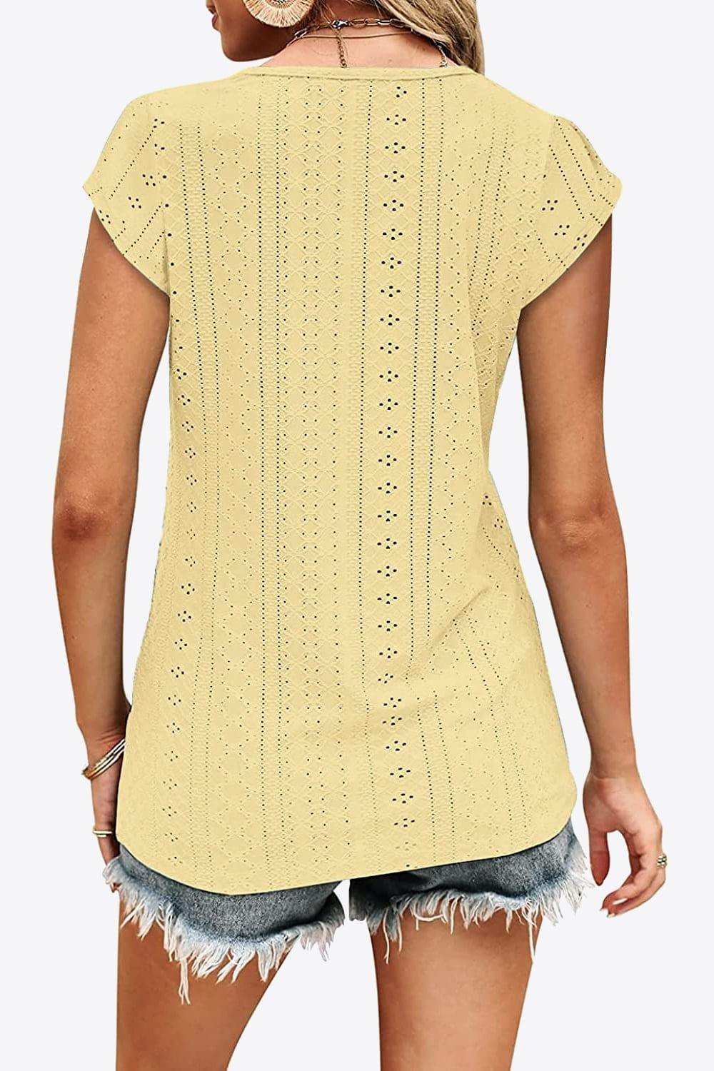 Eyelet Contrast V-Neck Tee - Trendsi - Flyclothing LLC
