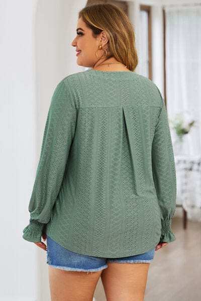 Plus Size Eyelet Notched Flounce Sleeve Blouse - Trendsi - Flyclothing LLC