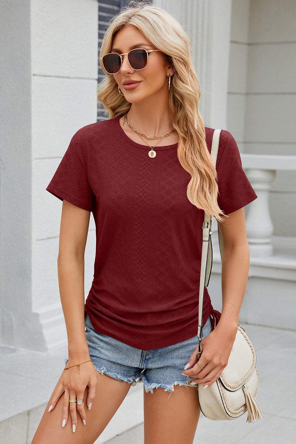 Eyelet Round Neck Short Sleeve T-Shirt - Trendsi - Flyclothing LLC