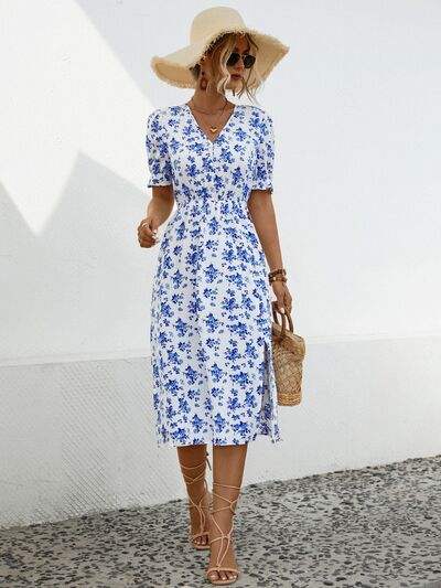 Slit Printed V-Neck Short Sleeve Dress - Trendsi - Flyclothing LLC