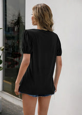 V-Neck Decorative Buttons Puff Sleeve Tee - Trendsi - Flyclothing LLC
