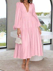 Deep V-Neck Balloon Sleeve Plain Maxi Dress - Trendsi