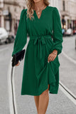 Tie Waist Notched Neck Long Sleeve Dress - Trendsi