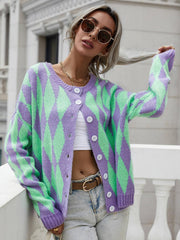 Argyle Button Front Drop Shoulder Cardigan - Trendsi