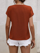 Buttoned V-Neck Short Sleeve Blouse - Trendsi - Flyclothing LLC
