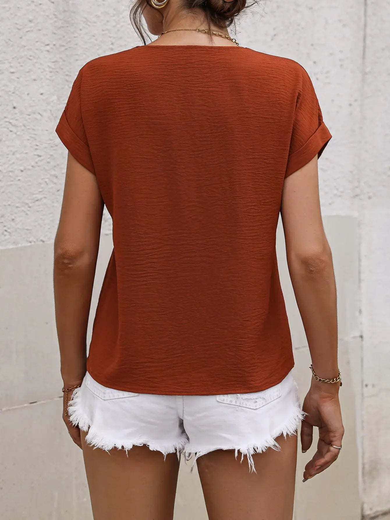 Buttoned V-Neck Short Sleeve Blouse - Trendsi - Flyclothing LLC