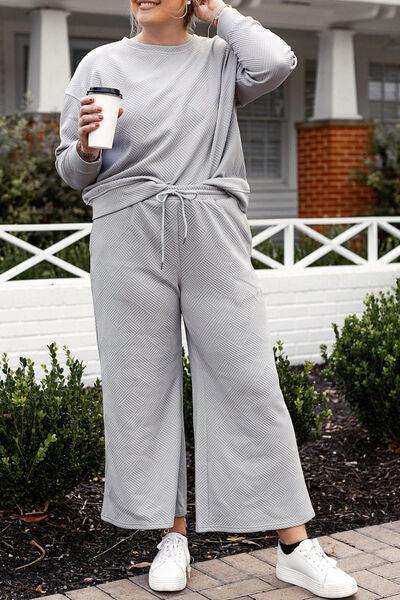 Double Take Full Size Textured Long Sleeve Top and Drawstring Pants Set - Trendsi - Flyclothing LLC