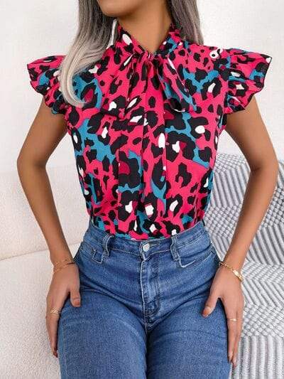 Leopard Tie Neck Cap Sleeve Blouse - Trendsi - Flyclothing LLC