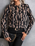 Printed Notched Long Sleeve Blouse - Trendsi