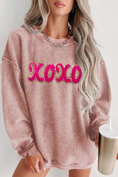 XOXO Sequin Round Neck Dropped Shoulder Sweatshirt - Trendsi - Flyclothing LLC