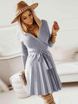 Surplice Neck Tie Front Pleated Sweater Dress - Trendsi - Flyclothing LLC