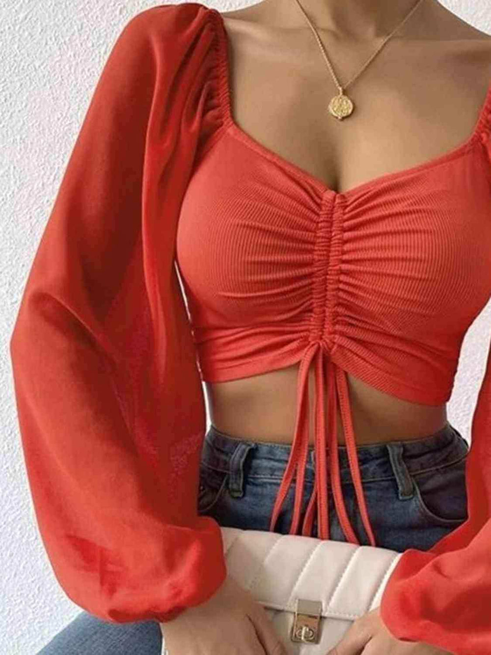 Drawstring Sweetheart Neck Cropped Top - Trendsi - Flyclothing LLC