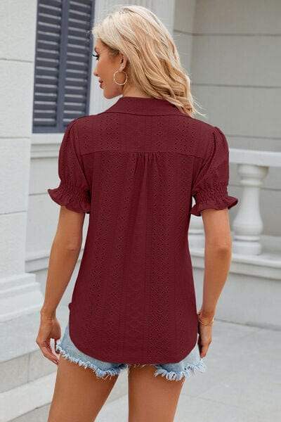 Eyelet Johnny Collar Short Sleeve Blouse - Trendsi - Flyclothing LLC