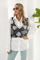 Printed Plunge Neck Sweater Vest - Trendsi