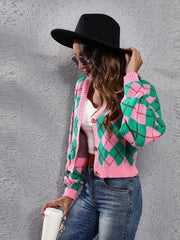 Geometric Button Up Long Sleeve Cardigan - Trendsi