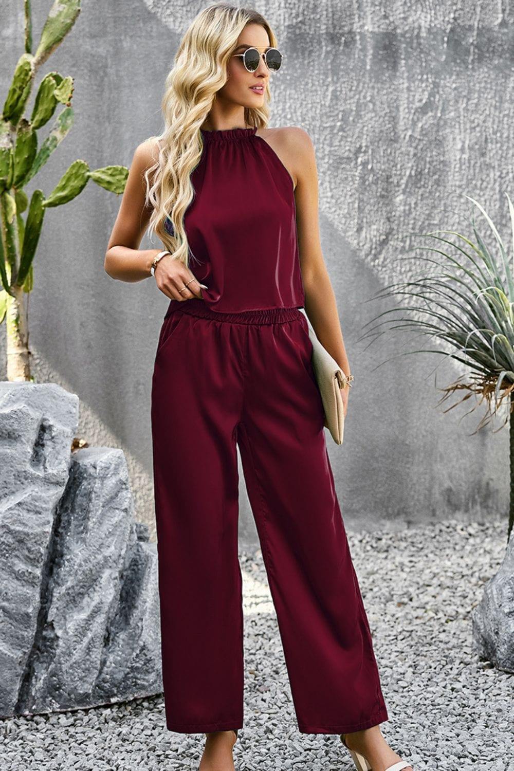 Grecian Neck Sleeveless Pocketed Top and Pants Set - Trendsi