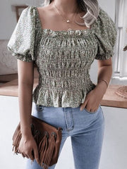 Frill Smocked Square Neck Short Sleeve Blouse - Trendsi
