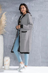 Button Up Contrast Trim Hooded Cardigan - Trendsi