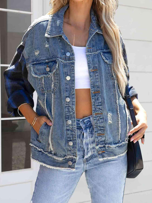 Raw Hem Distressed Denim Jacket - Trendsi