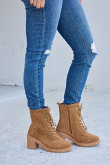 Forever Link Lace-Up Zipper Detail Block Heel Boots - Trendsi