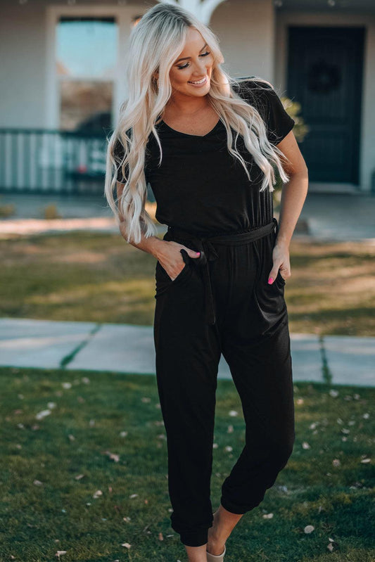 Belted V-Neck Jogger Jumpsuit - Trendsi