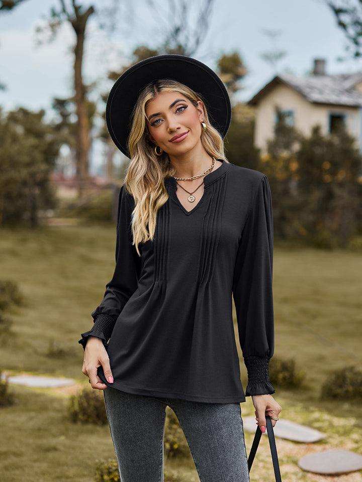 Notched Neck Flounce Sleeve Blouse - Trendsi - Flyclothing LLC