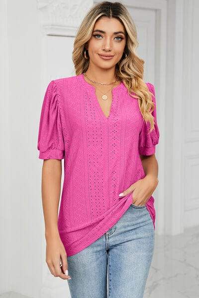 Eyelet Notched Short Sleeve T-Shirt - Trendsi - Flyclothing LLC