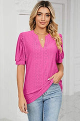 Eyelet Notched Short Sleeve T-Shirt - Trendsi - Flyclothing LLC