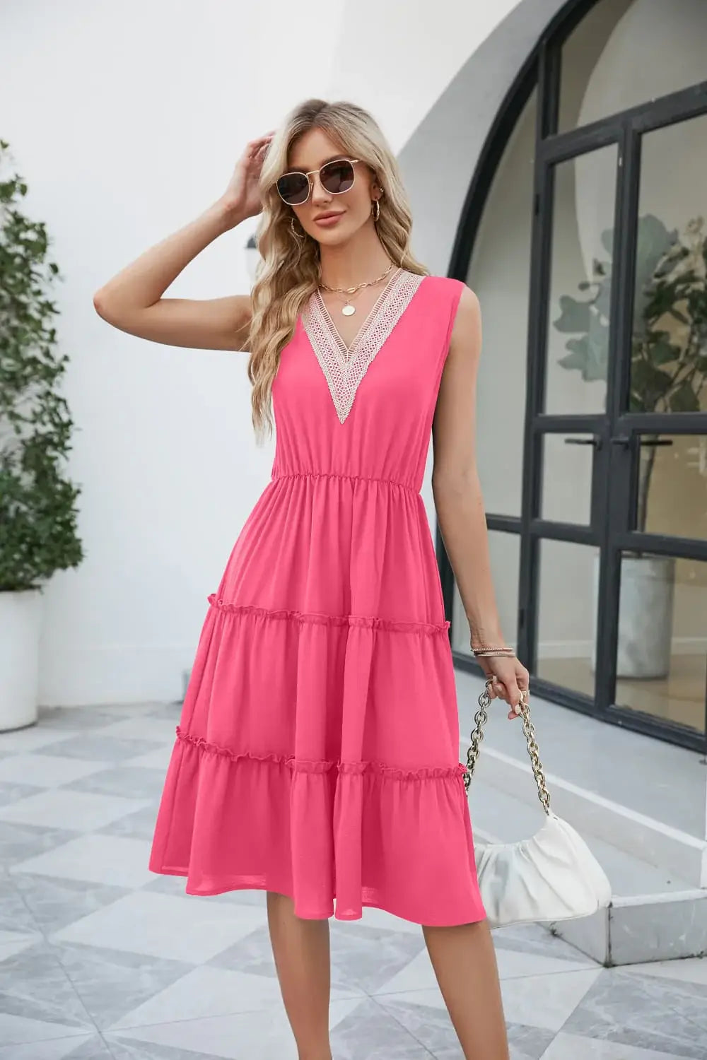 Contrast V-Neck Sleeveless Tiered Dress - Trendsi - Flyclothing LLC