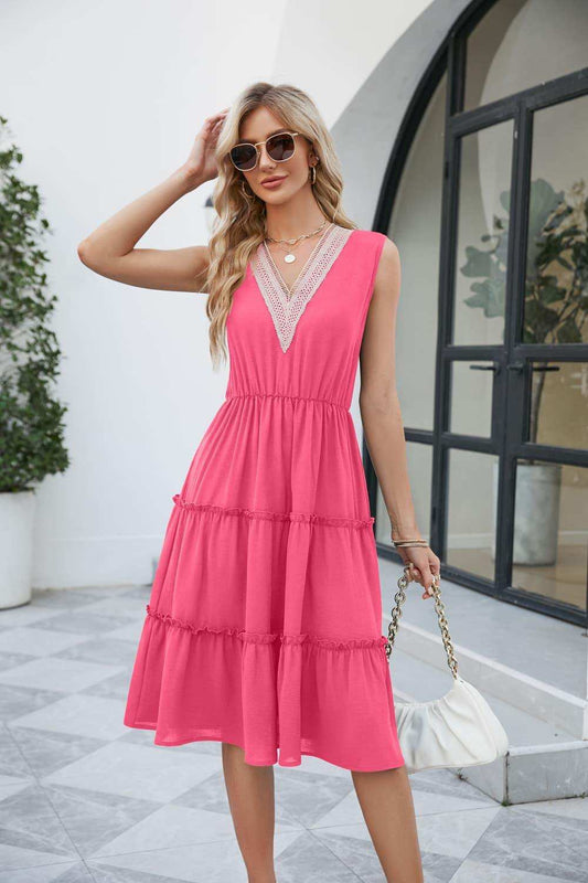 Contrast V-Neck Sleeveless Tiered Dress - Trendsi - Flyclothing LLC