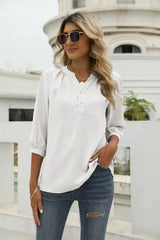 Swiss Dot Notched Neck Three-Quarter Sleeve Blouse - Trendsi - Flyclothing LLC