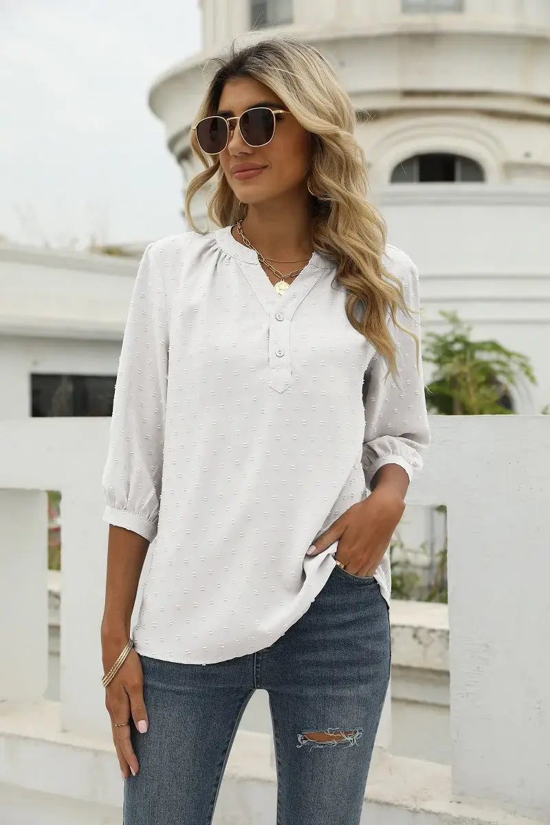 Swiss Dot Notched Neck Three-Quarter Sleeve Blouse - Trendsi - Flyclothing LLC