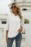 Swiss Dot Notched Neck Three-Quarter Sleeve Blouse - Trendsi - Flyclothing LLC