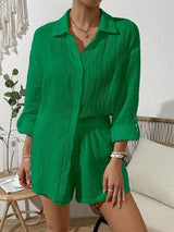 Dropped Shoulder Button Up Top and Elastic Waist Shorts Set - Trendsi - Flyclothing LLC