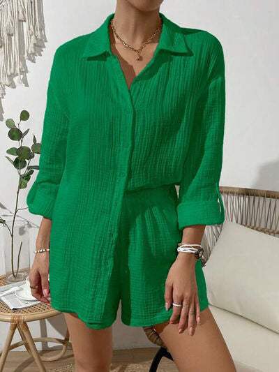 Dropped Shoulder Button Up Top and Elastic Waist Shorts Set - Trendsi - Flyclothing LLC