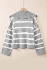 Striped Collared Neck Slit Sweater - Trendsi - Flyclothing LLC