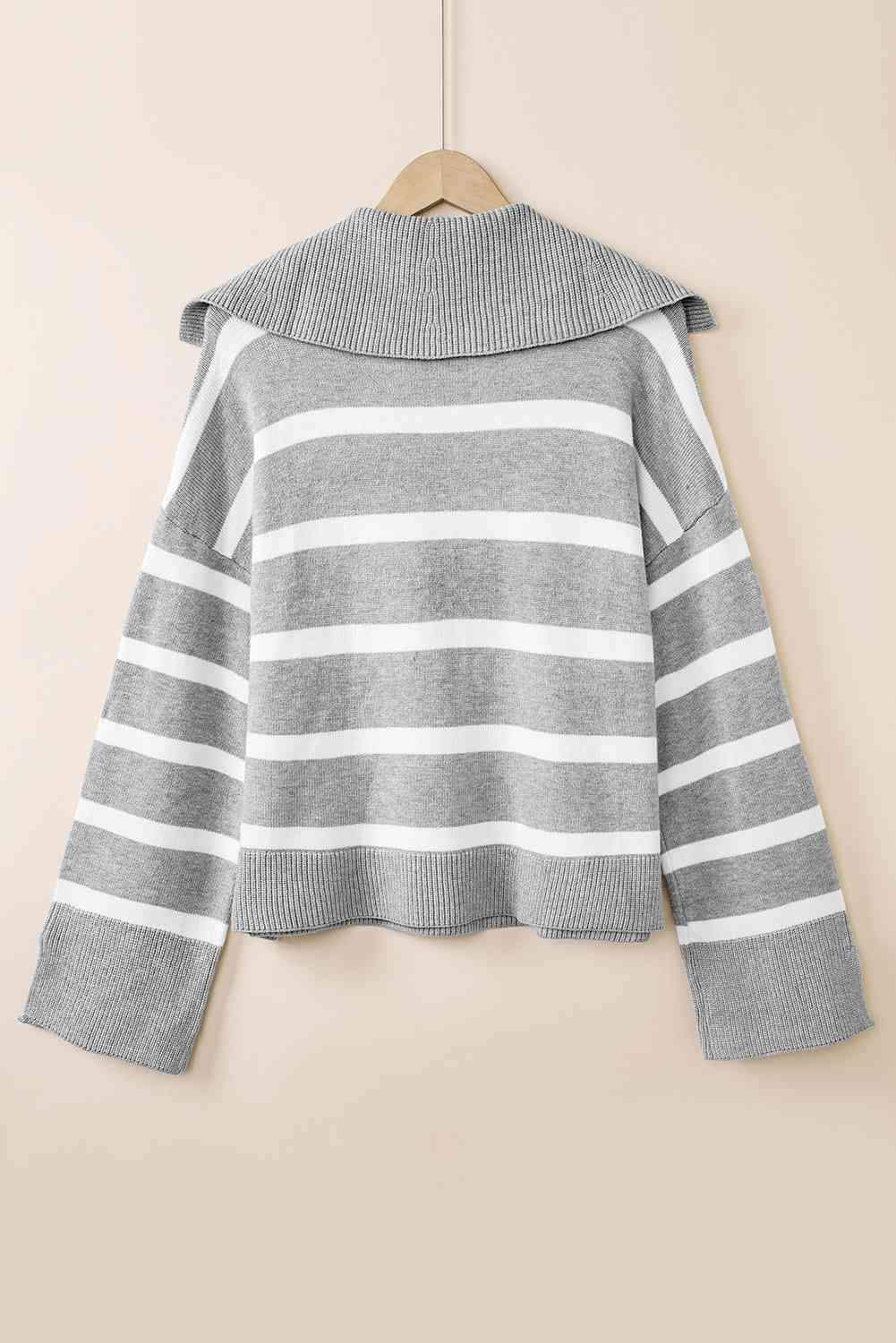 Striped Collared Neck Slit Sweater - Trendsi - Flyclothing LLC