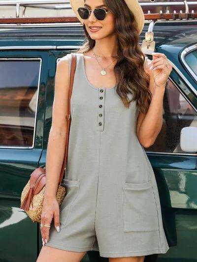 Waffle-Knit Half Button Sleeveless Romper with Pockets - Trendsi - Flyclothing LLC