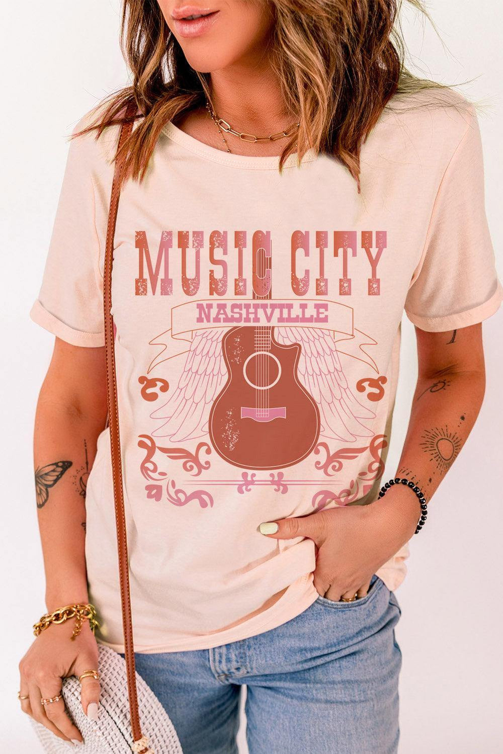 MUSIC CITY Cuffed Short Sleeve Tee - Trendsi